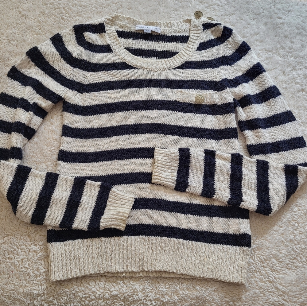 See by Chloe Striped Cotton Blend Crewneck Sweater